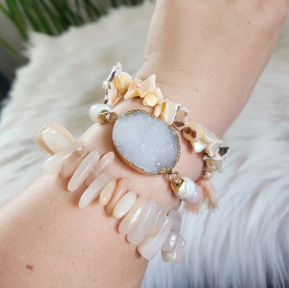 New Ryze Natural Stone Rose Quartz & White Druzy Bracelet Staxx - Set of 3 - Picture 6 of 7
